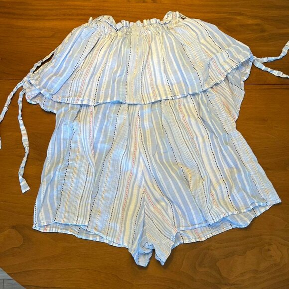 Madewell Pants - Blue White Madewell Womens Medium Ruffled Romper Spaghetti Straps